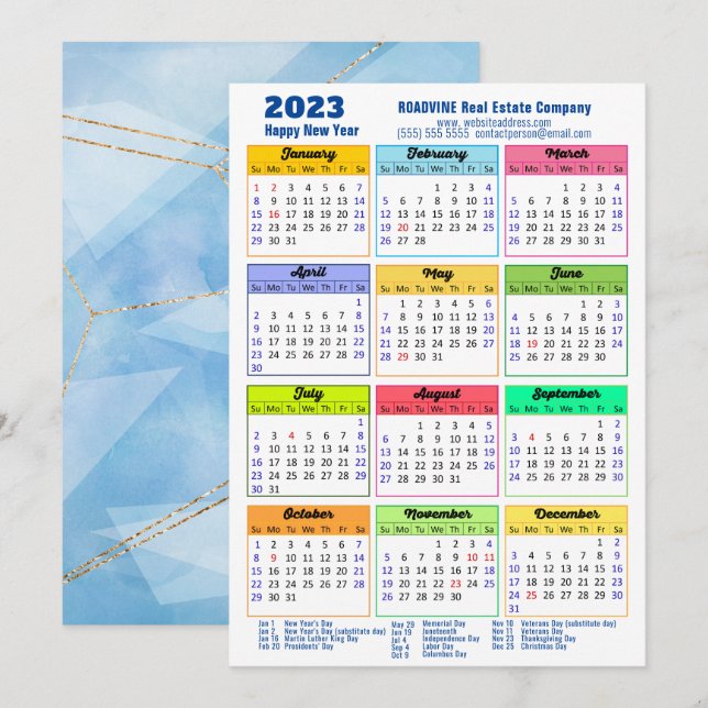 Cartes Pour Fêtes Annuelles 2023 Calendrier annuel moderne Entreprise Blue Gol (Devant / Derrière)