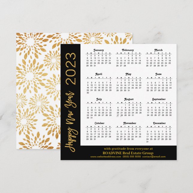 Cartes Pour Fêtes Annuelles 2023 Calendrier Modern Gold Script sur Black Busin (Devant / Derrière)