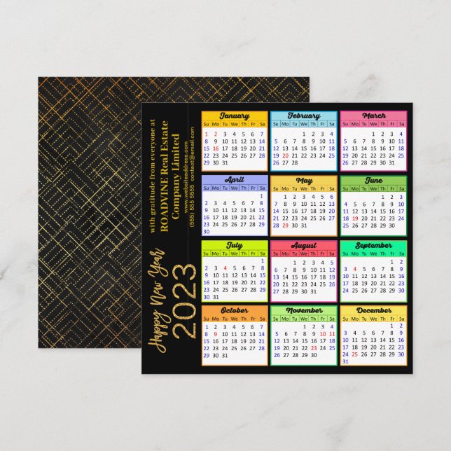 Cartes Pour Fêtes Annuelles 2023 Calendrier Modern Gold Script sur Black Busin (Devant / Derrière)