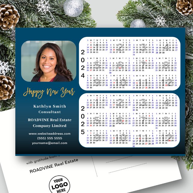 Cartes Pour Fêtes Annuelles 2024 2025 Calendrier Gold Blue moderne photo d'ent (Créateur téléchargé)