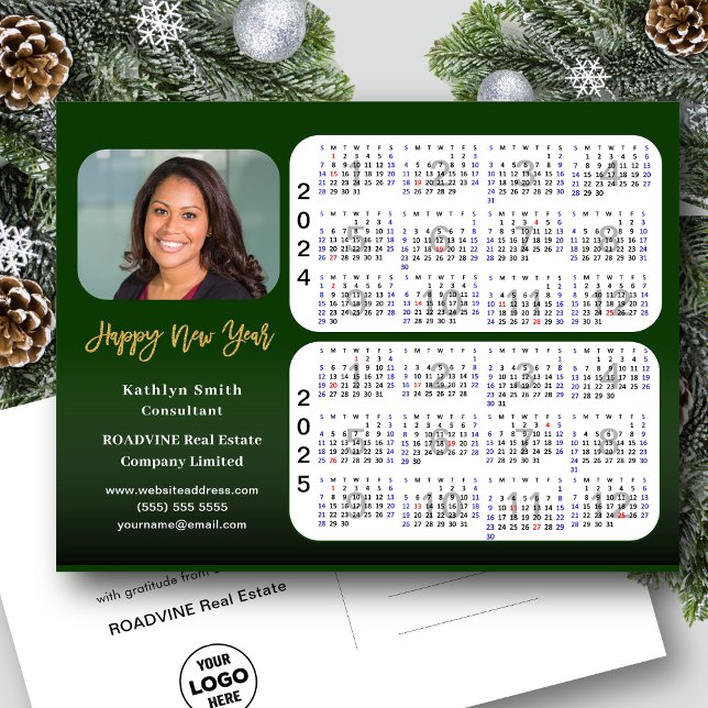 Cartes Pour Fêtes Annuelles 2024 2025 Calendrier moderne Green Business Photo (Créateur téléchargé)