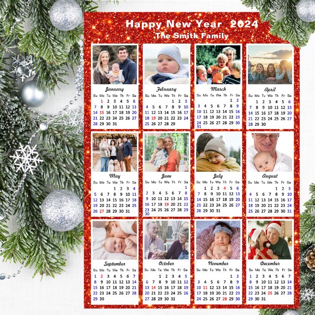 Cartes Pour Fêtes Annuelles 2024 Calendrier Famille Moderne Photo Festive Roug (Créateur téléchargé)