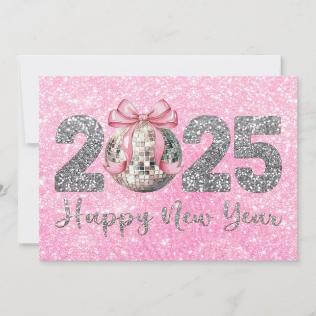Cartes Pour Fêtes Annuelles 2025 Bonne année Disco Ball Pink Bow (Devant)