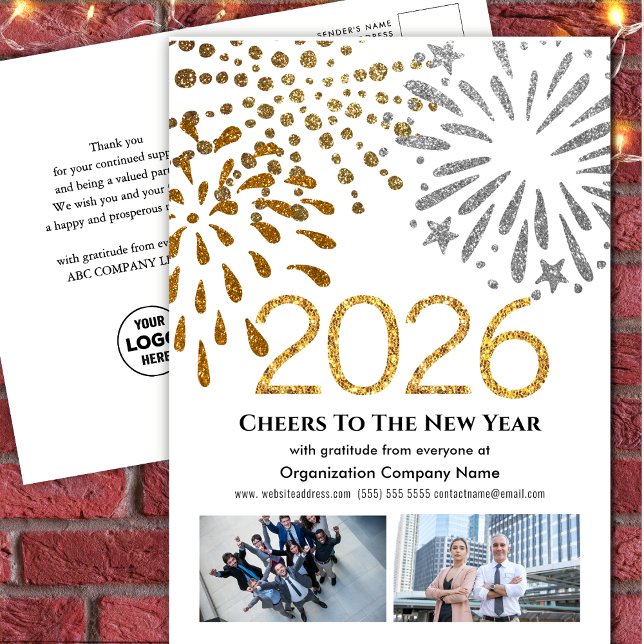 Cartes Pour Fêtes Annuelles 2025 Business Photo Festive Fireworks Gold Parties (Créateur téléchargé)