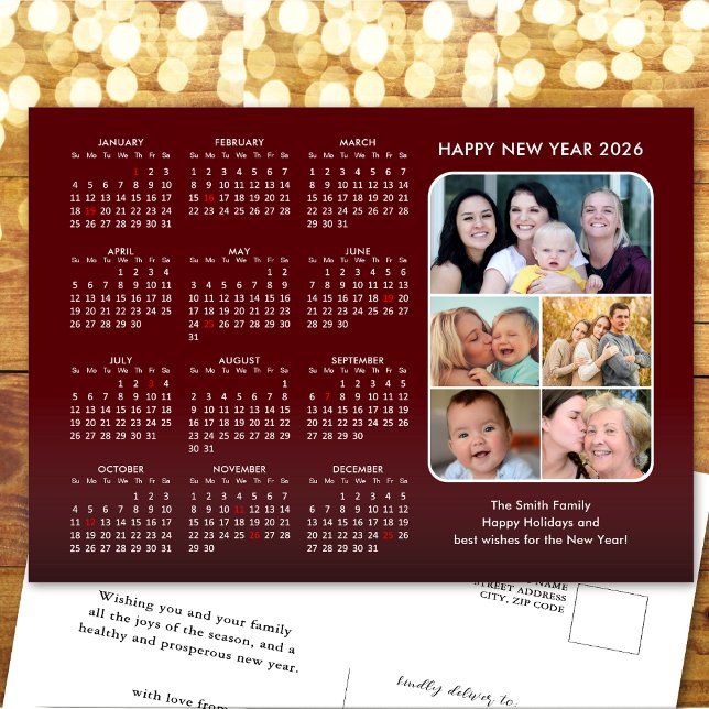 Cartes Pour Fêtes Annuelles 2025 Calendrier Famille 5 Photo Moderne Rouge Mini (Créateur téléchargé)