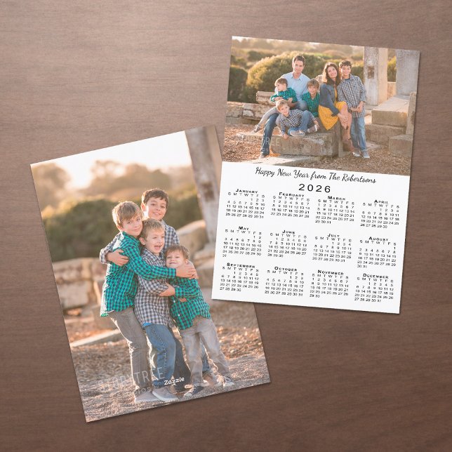 Cartes Pour Fêtes Annuelles 2026 Calendrier 2 Photos personnalisées Bonne anné (2026 Calendar 2 Custom Photos Happy New Year Holiday Card, front/back)