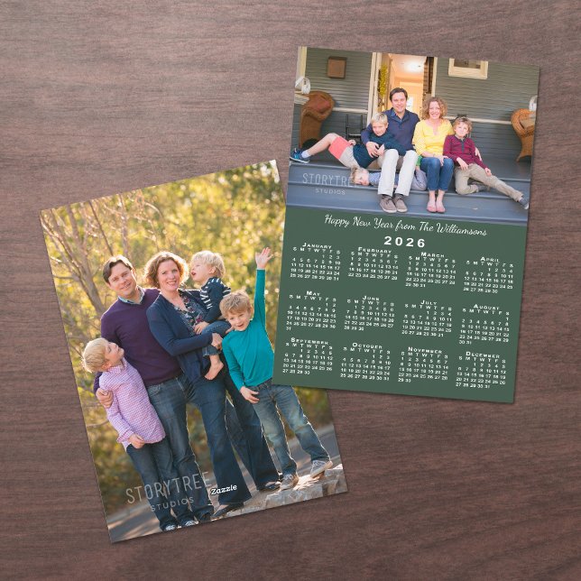 Cartes Pour Fêtes Annuelles 2026 Calendrier 2 Photos Vert foncé Bonne année (2026 Calendar 2 Photos Dark Green Happy New Year Holiday Card, front/back)