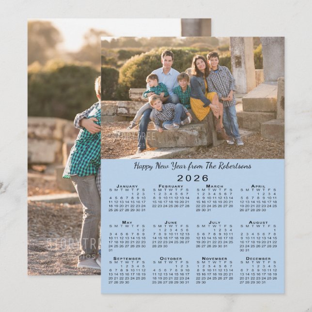 Cartes Pour Fêtes Annuelles 2026 Calendrier Bleu clair 2 Photos Bonne année (Devant / Derrière)