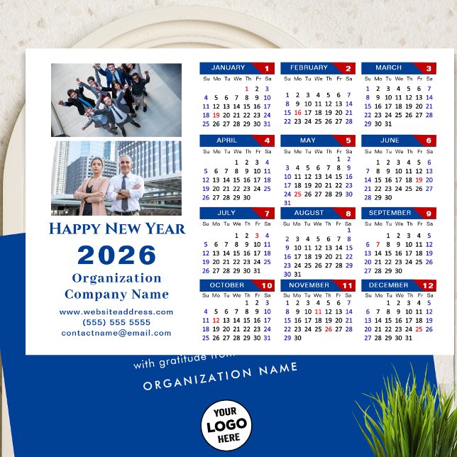 Cartes Pour Fêtes Annuelles 2026 Calendrier Business Logo Photo Blue Minimalis (Créateur téléchargé)