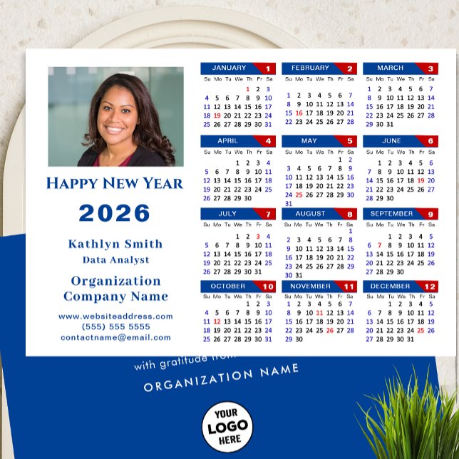 Cartes Pour Fêtes Annuelles 2026 Calendrier Business Logo Photo Simple Bleu Ro (Créateur téléchargé)