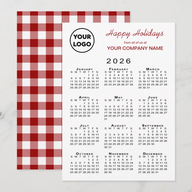 Cartes Pour Fêtes Annuelles 2026 Calendrier Business Logo Rouge Blanc En vichy (Devant / Derrière)