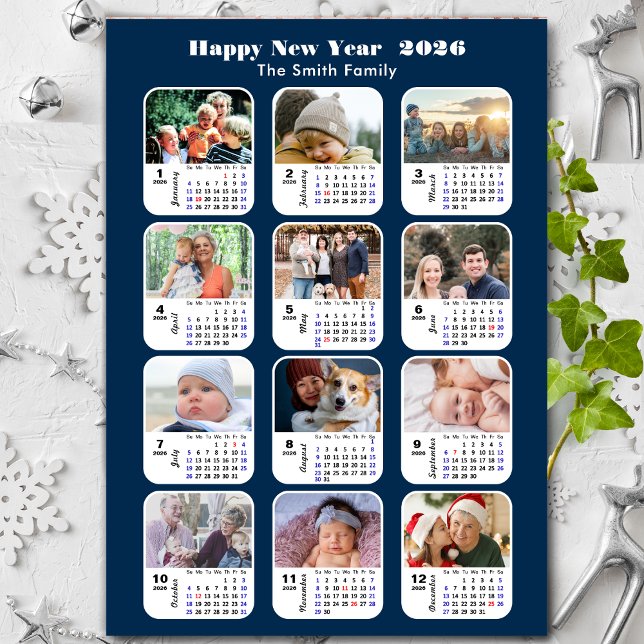 Cartes Pour Fêtes Annuelles 2026 Calendrier Famille 12 Photo Collage moderne b (Créateur téléchargé)