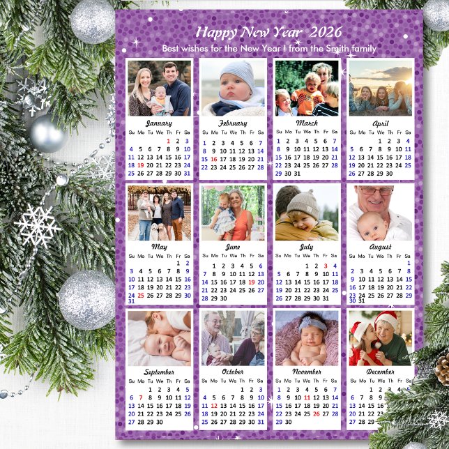 Cartes Pour Fêtes Annuelles 2026 Calendrier Famille Moderne Photo Festive Purp (Créateur téléchargé)