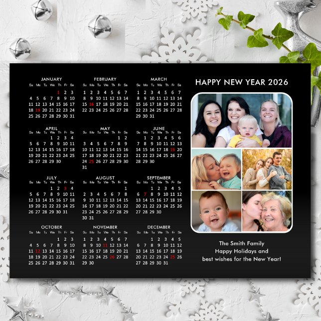 Cartes Pour Fêtes Annuelles 2026 Calendrier Famille Photo Noir moderne minimal (Créateur téléchargé)