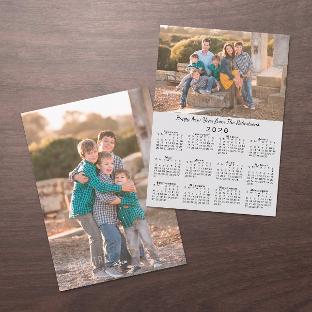 Cartes Pour Fêtes Annuelles 2026 Calendrier Grey 2 photos personnalisées Bonne (2026 Calendar Gray 2 Custom Photos Happy New Year Holiday Card, front/back)