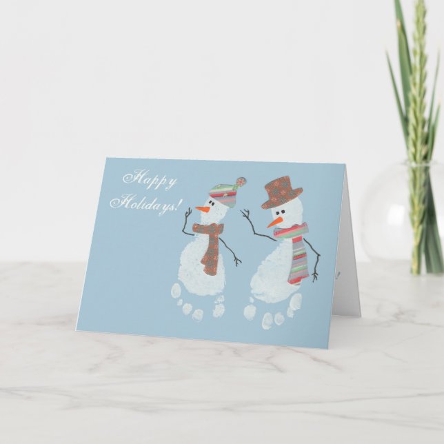 Cartes Pour Fêtes Annuelles 2 Bonshommes de neige empreintes de bébé - Joyeuse (Devant)