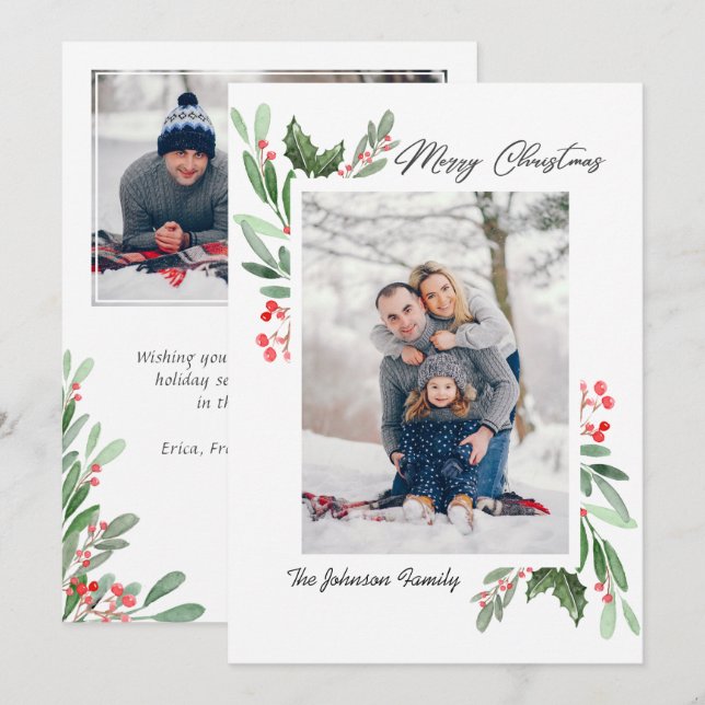 Cartes Pour Fêtes Annuelles 2 PHOTO Aquarelle Mistletoe Holly Berry Noël (Devant / Derrière)