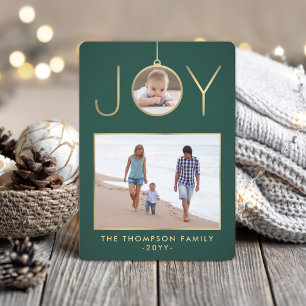 Cartes Pour Fêtes Annuelles 2 Photo Joie de Noël Ornement Vert foncé et Or