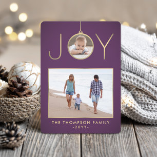 Cartes Pour Fêtes Annuelles 2 Photo Joie Noël Ornament Chic Purple & Or