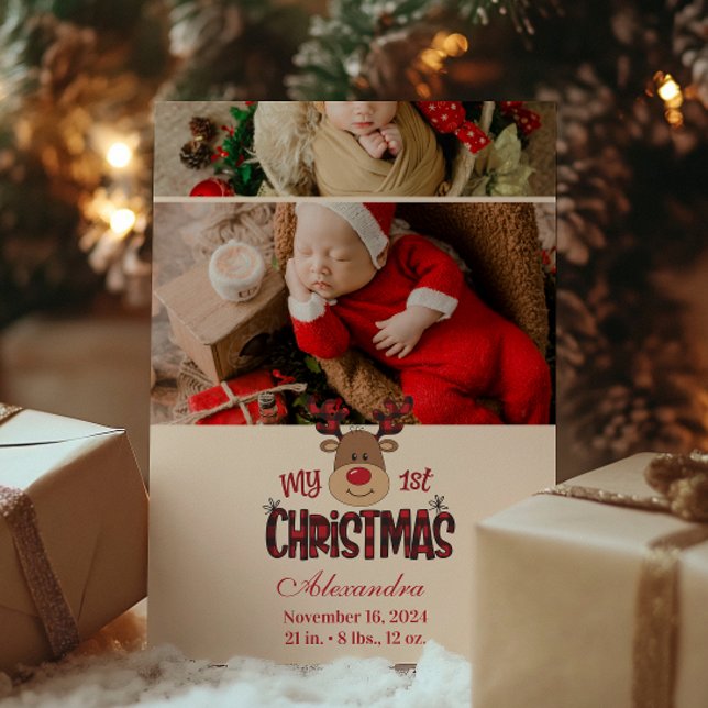 Cartes Pour Fêtes Annuelles 2 Photo Plaid Reindeer Baby First Christmas (Créateur téléchargé)