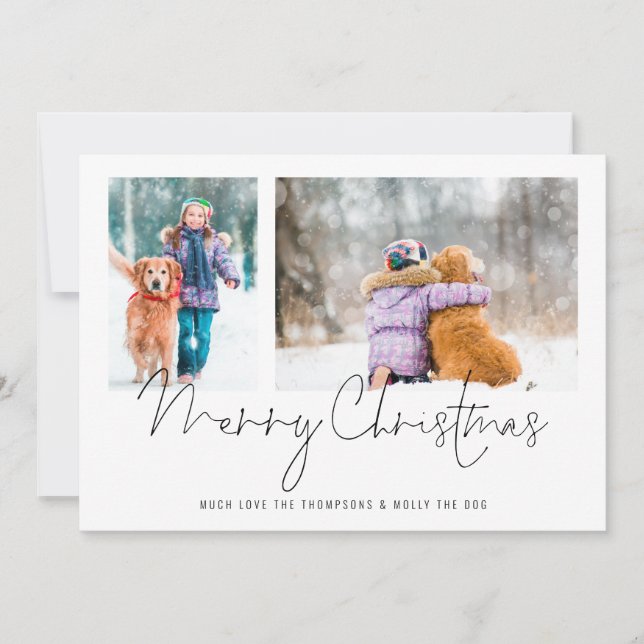 Cartes Pour Fêtes Annuelles 2 Photos Script Famille et Chien Joyeux Noël (Devant)