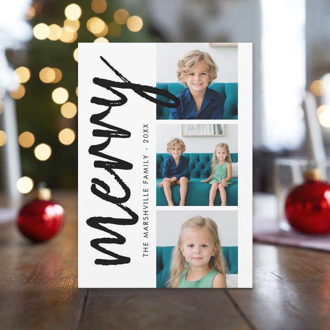 Cartes Pour Fêtes Annuelles 3 Collage photo minimum être joyeux noir blanc (Custom Holiday Photo Greeting Card)