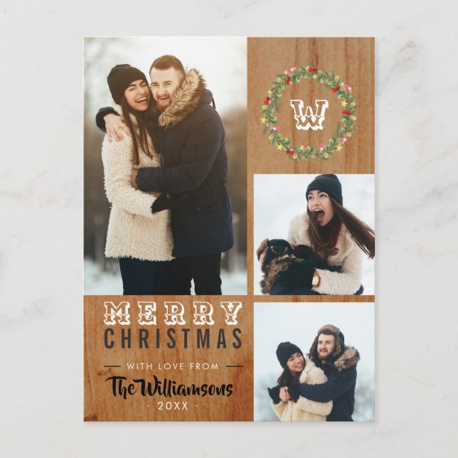 Cartes Pour Fêtes Annuelles 3 Photo Bois rustique Noël Salutation (Devant)