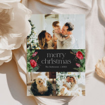 3 Photo Dark Winter Botanical Merry Christmas Card
