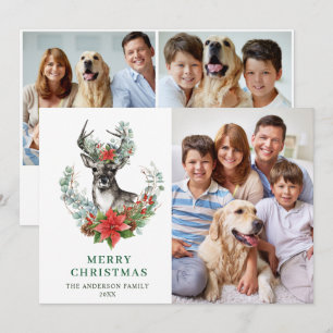 Cartes Pour Fêtes Annuelles 3 PHOTO Élégant Noël Cerf Poinsettia Salutation