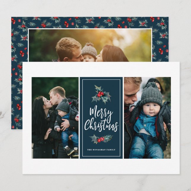 Cartes Pour Fêtes Annuelles 3 Photo Elegant Peint Holly | bleu Noël (Devant / Derrière)