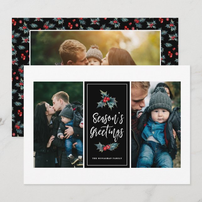 Cartes Pour Fêtes Annuelles 3 Photo Elegant Peint Holly | Salut Noir (Devant / Derrière)