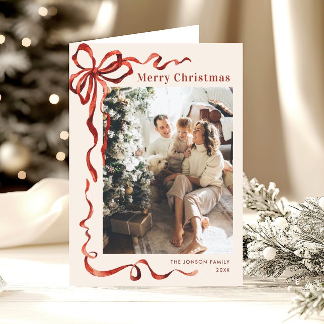 Cartes Pour Fêtes Annuelles 3 Photo Festif Noël Boho Red Bow Ribbon (Créateur téléchargé)