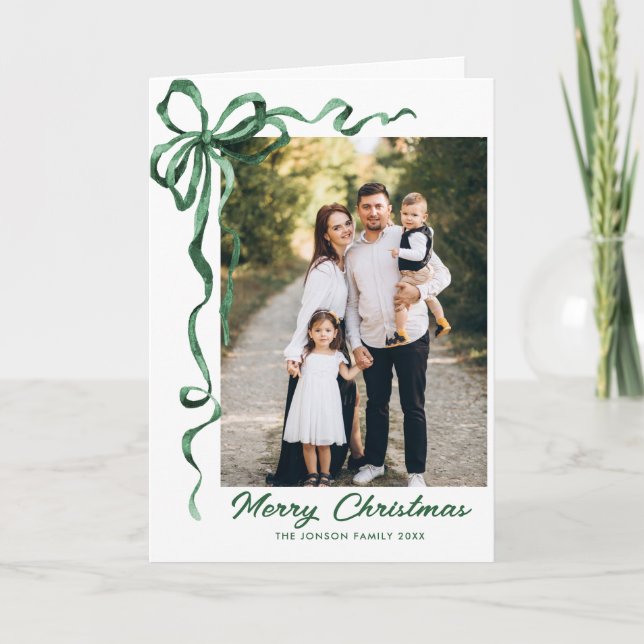 Cartes Pour Fêtes Annuelles 3 Photo Festif Sage Vert Noël Bow Ribbon (Devant)