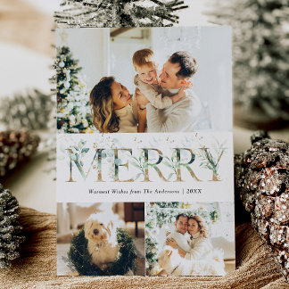 Cartes Pour Fêtes Annuelles 3 Photo Gold & Greenery Joyeux Noël