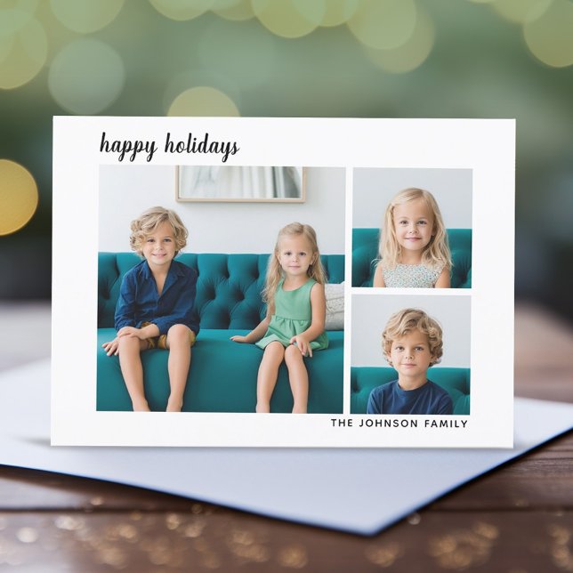 Cartes Pour Fêtes Annuelles 3 Photo Modern Minimal Script plaid - Noir (Modern, minimal design with 3 photos)