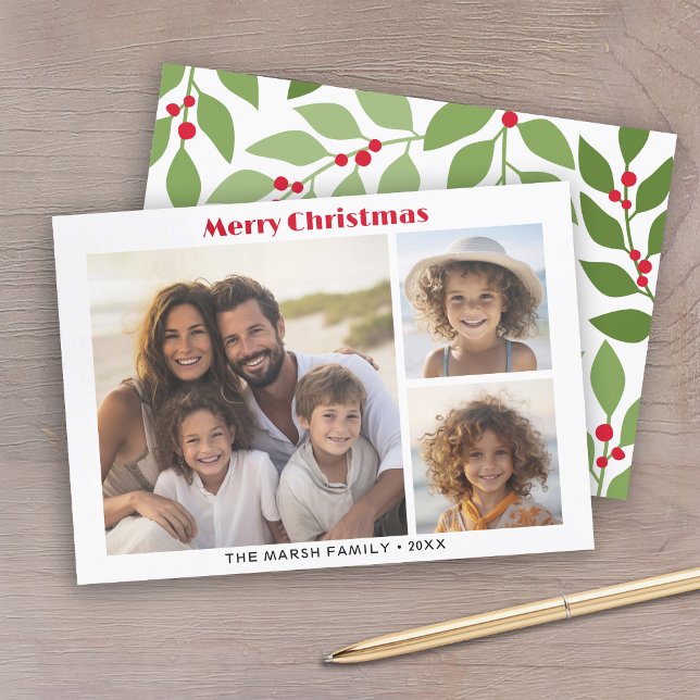 Cartes Pour Fêtes Annuelles 3 Photo Moderne Script Minimal Botanique - Rouge (A classic holiday card with 3 photos and a botanical background.)