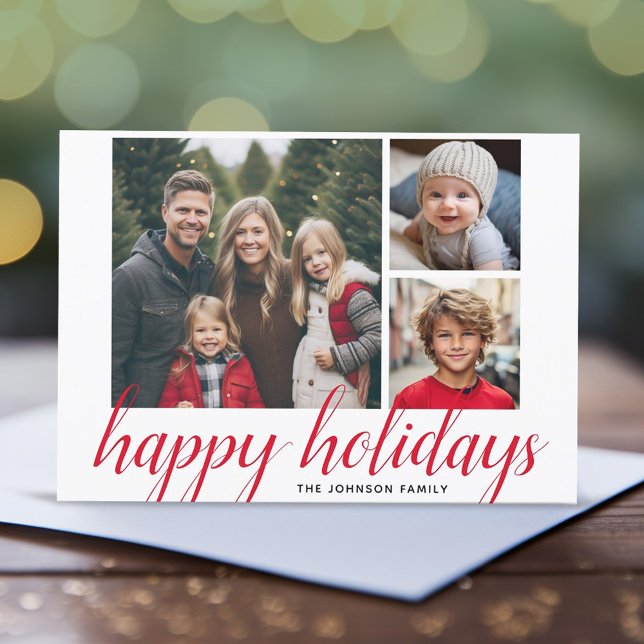 Cartes Pour Fêtes Annuelles 3 Photo Noël Script Red Damask Happy (3 Photo modern Christmas Card)
