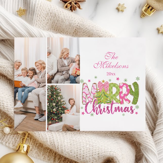 Cartes Pour Fêtes Annuelles 3 Photo Pink Green Bow Tree Joyeux Noël (Créateur téléchargé)