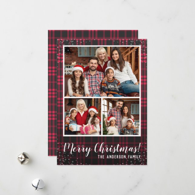 Cartes Pour Fêtes Annuelles 3 Photo Rouge Plaid Russe Noël Holiday (Devant/Arrière en situation)