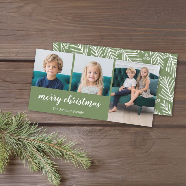 Cartes Pour Fêtes Annuelles 3 Photo - Simply Green Holly - Joyeux Noël (Holiday Photo card with a 3 Photo Collage. Download Option Available. Green Accents)