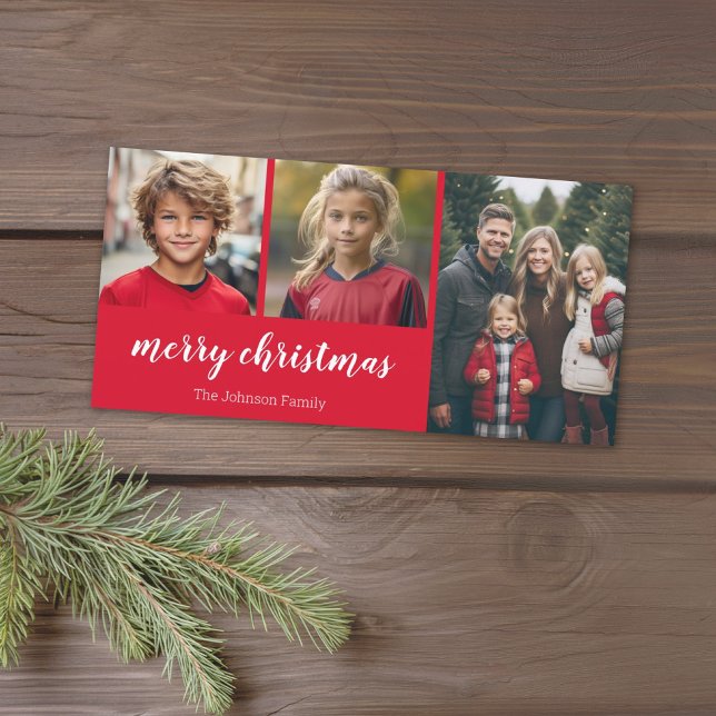 Cartes Pour Fêtes Annuelles 3 Photo - Simply Red Holly - Joyeux Noël (Add 3 photos to this online Christmas Card. Minimal and simple to use the template.)