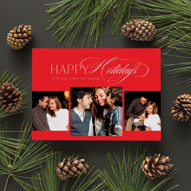 Cartes Pour Fêtes Annuelles 3 photos Joyeux Jours fériés Script Red Christmas  (Créateur téléchargé)