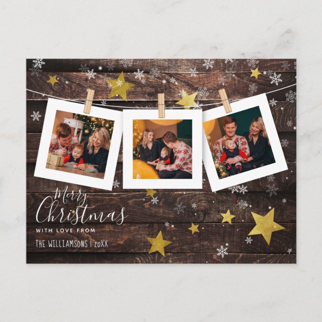 Cartes Pour Fêtes Annuelles 3 Piegs photo de Noël personnalisés Bois rustique  (Devant)