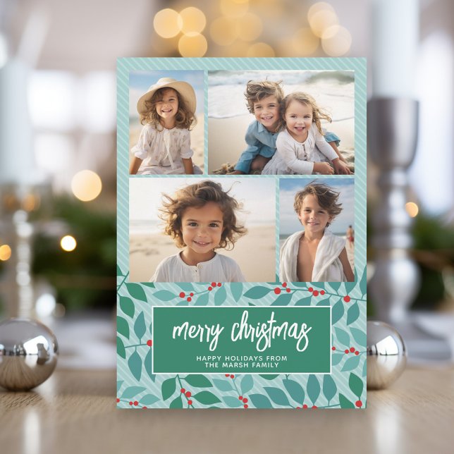 Cartes Pour Fêtes Annuelles 4 Collage de photos - Joyeux Noël Botanical Pastel (Modern Christmas Photo Greeting Card)