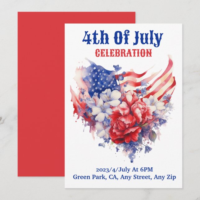 Cartes Pour Fêtes Annuelles 4 juillet Couleur d'aquarelle bleu rouge (Devant / Derrière)