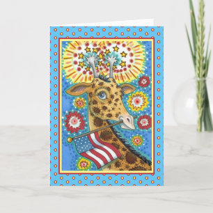 CARTES POUR FÊTES ANNUELLES 4 JUILLET GIRAFFE PATRIOTIQUE & FEUILLES D'ENFANT