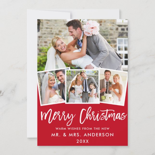 Cartes Pour Fêtes Annuelles 4 Photo Brush Script Mariage Noël Rouge (Devant)