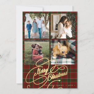 Cartes Pour Fêtes Annuelles 4 photo collage Joyeux script de Noël rouge tartan