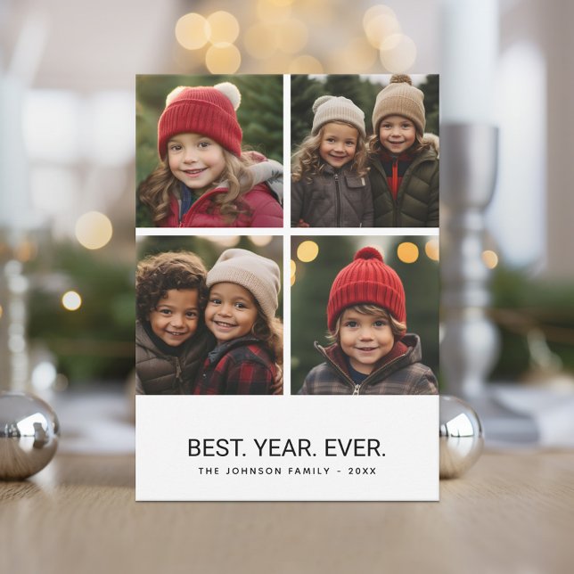 Cartes Pour Fêtes Annuelles 4 Photo Collage noir blanc - Meilleure année jamai (4 Photo Minimal Christmas Card Design - Best Year Ever with Abstract Art)