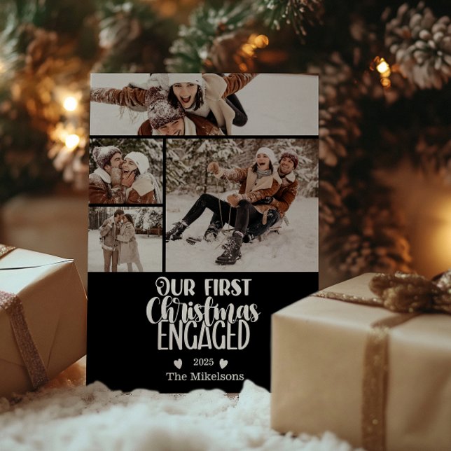 Cartes Pour Fêtes Annuelles 4 Photo Minimalist First Christmas Engaged (Créateur téléchargé)